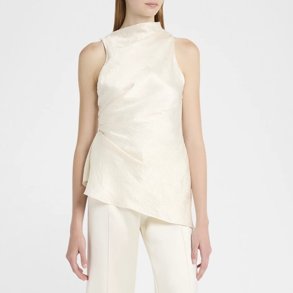 Alexander McQueen Asymmetrical Ruched Smashed Satin Top, Oyster, IT 36 (US 0)